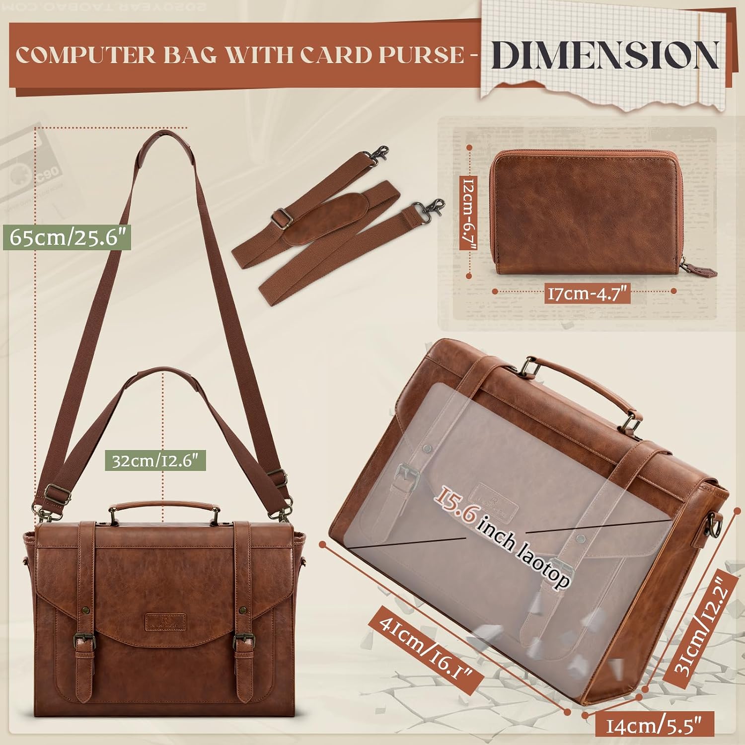 Flap Messenger Bag for Men Vintage PU Leather Laptop Bag 15.6 Inch Retro Briefcase with Wallet Satchel Computer Bag