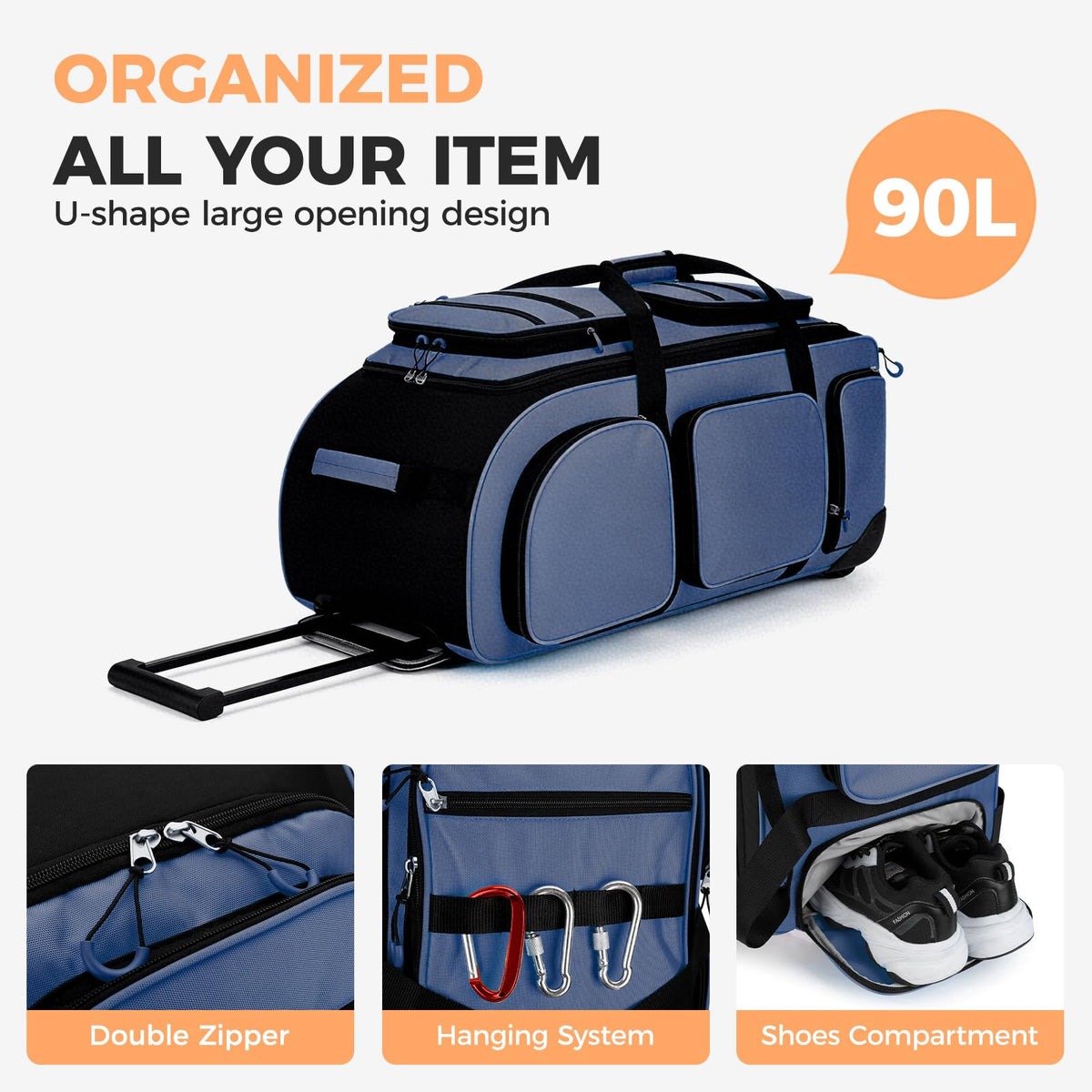 90L Rolling Duffle Bag with Wheels and Handle