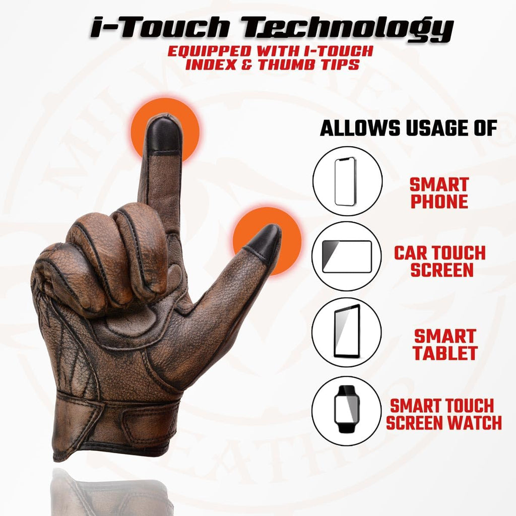 MG7514 Men's Brown Leather with Gel Palm Motorcycle Gloves W/Protective Knuckle