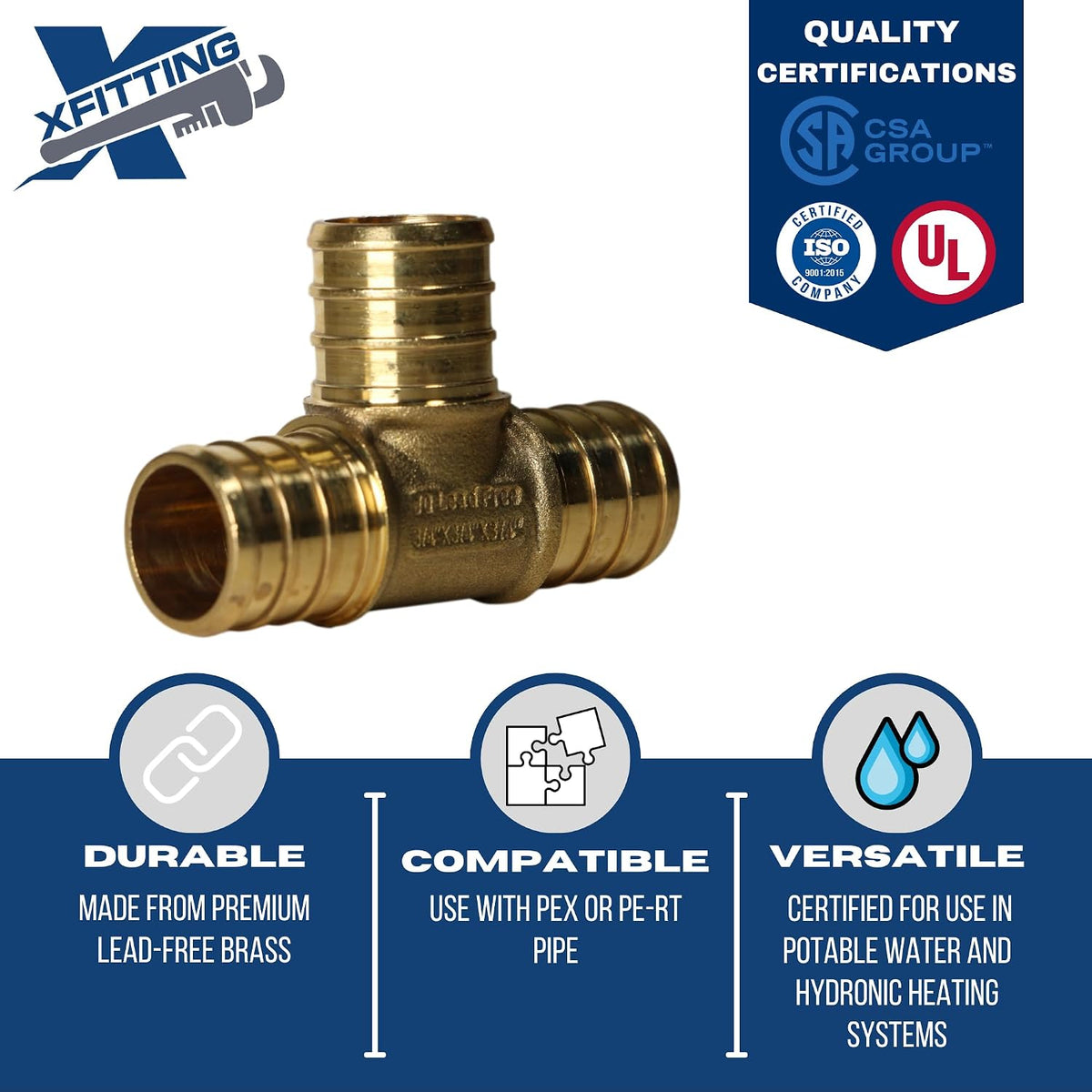 5 Pack XFITTING 1 Inch Pex Tee, 1" Pex B Crimp Tee, Brass