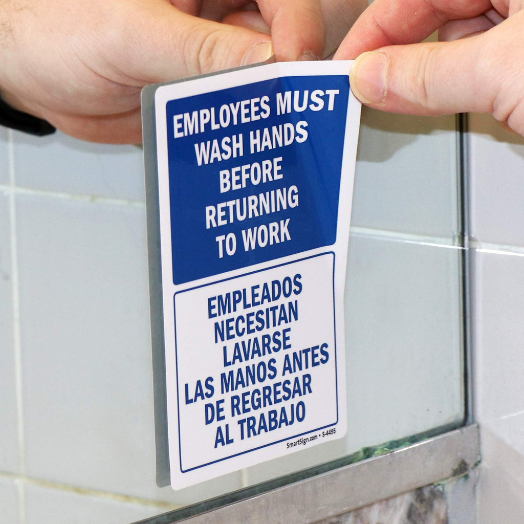 “Employees Must Wash Hands Before Returning to Work" Bilingual Hand Washing Label | 3.5" x 5" Laminated Vinyl