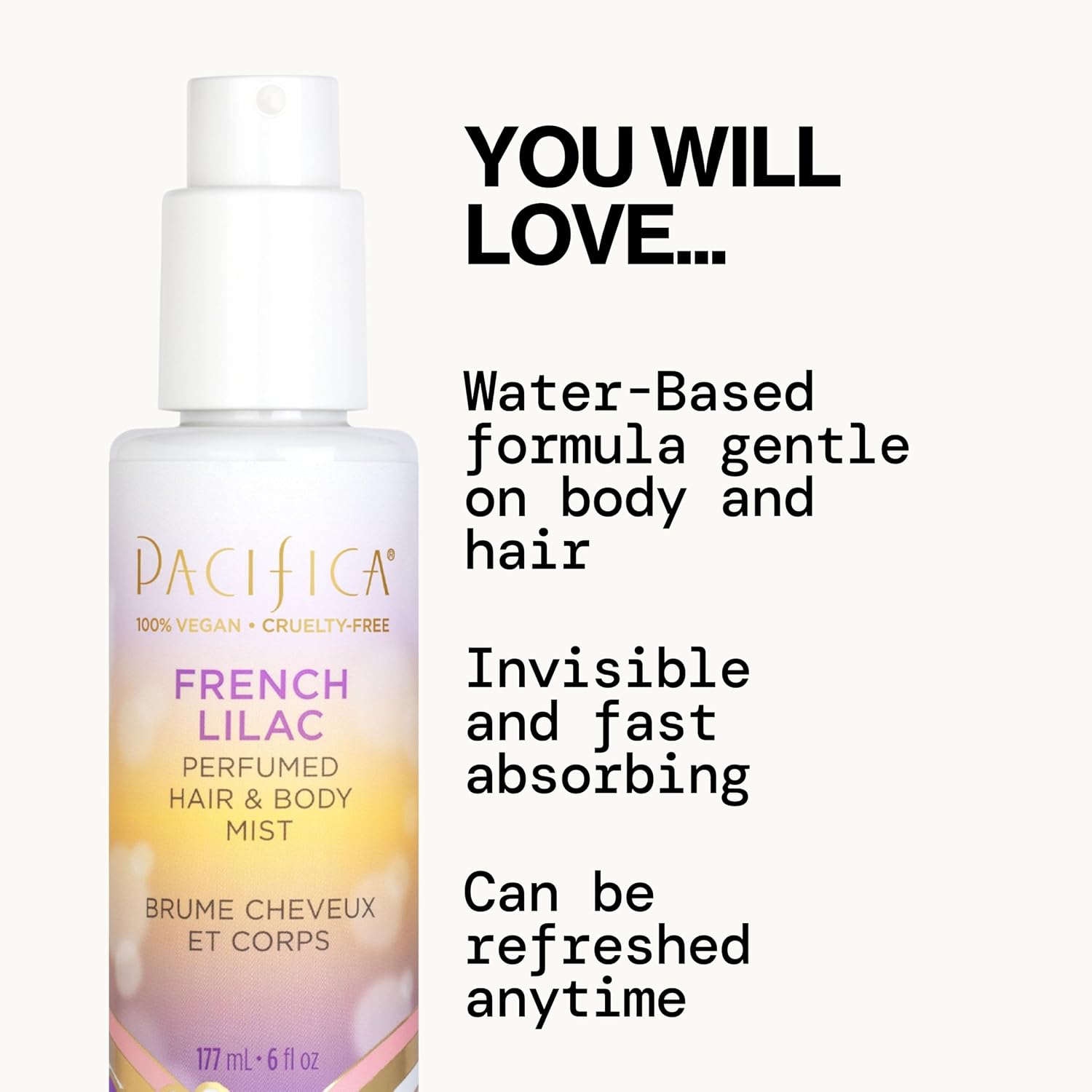 French Lilac Hair & Body Mist – Clean Vegan Floral Hair Perfume Spray for Women, Fresh-Cut Lilac, Magnolia &