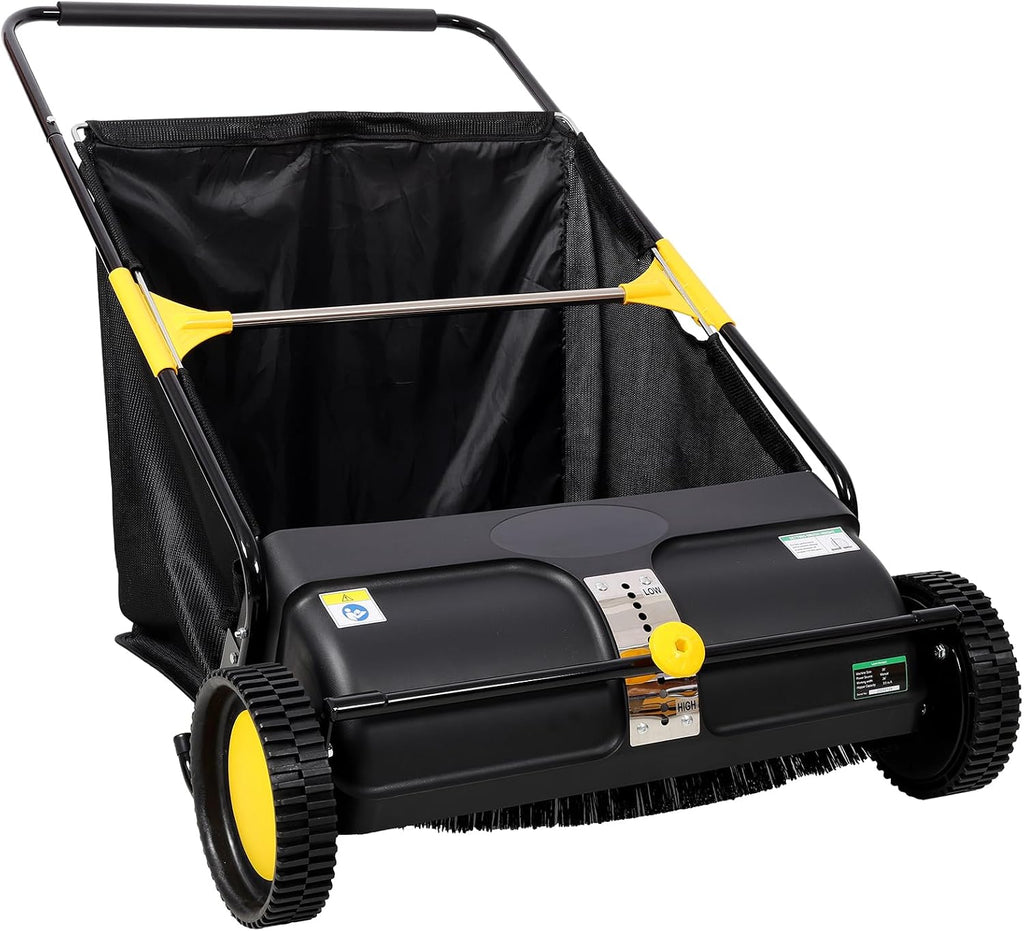 21 Inch Push Lawn Sweeper, Hand Powered Leaf & Grass Sweeper with 7 Cu Ft Hopper, 4 High-Speed Brushes, Height