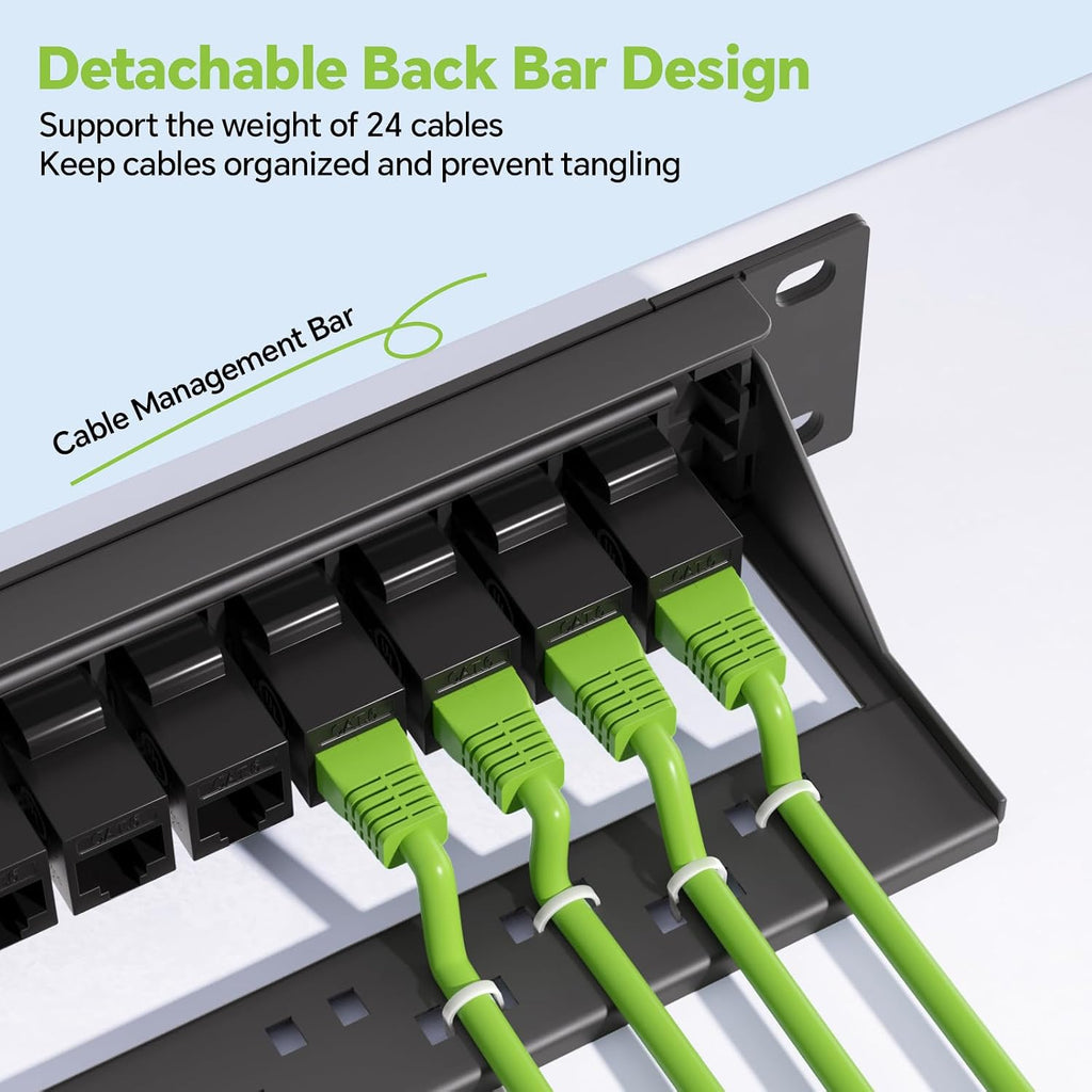 19 Inch 24 Port Patch Panel with 25 Pack CAT6 Keystone Couplers | with Detachable Cable Management Bar, 1U Ethernet