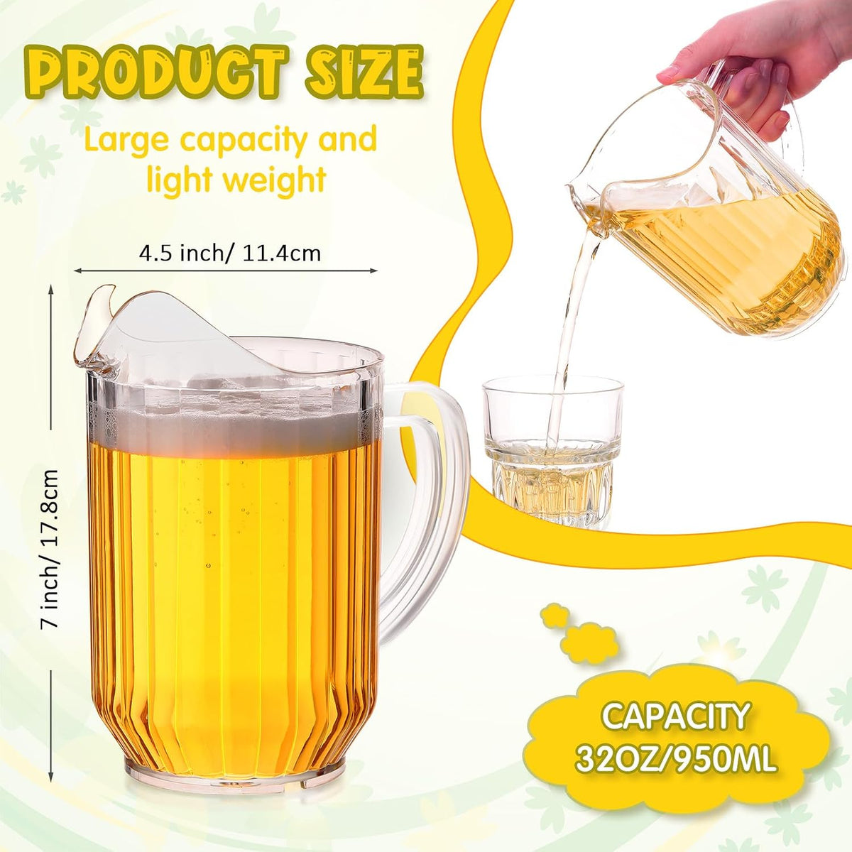 16 Pack Mini Clear Plastic Pitchers Bulk with Handle and Spout 32 oz