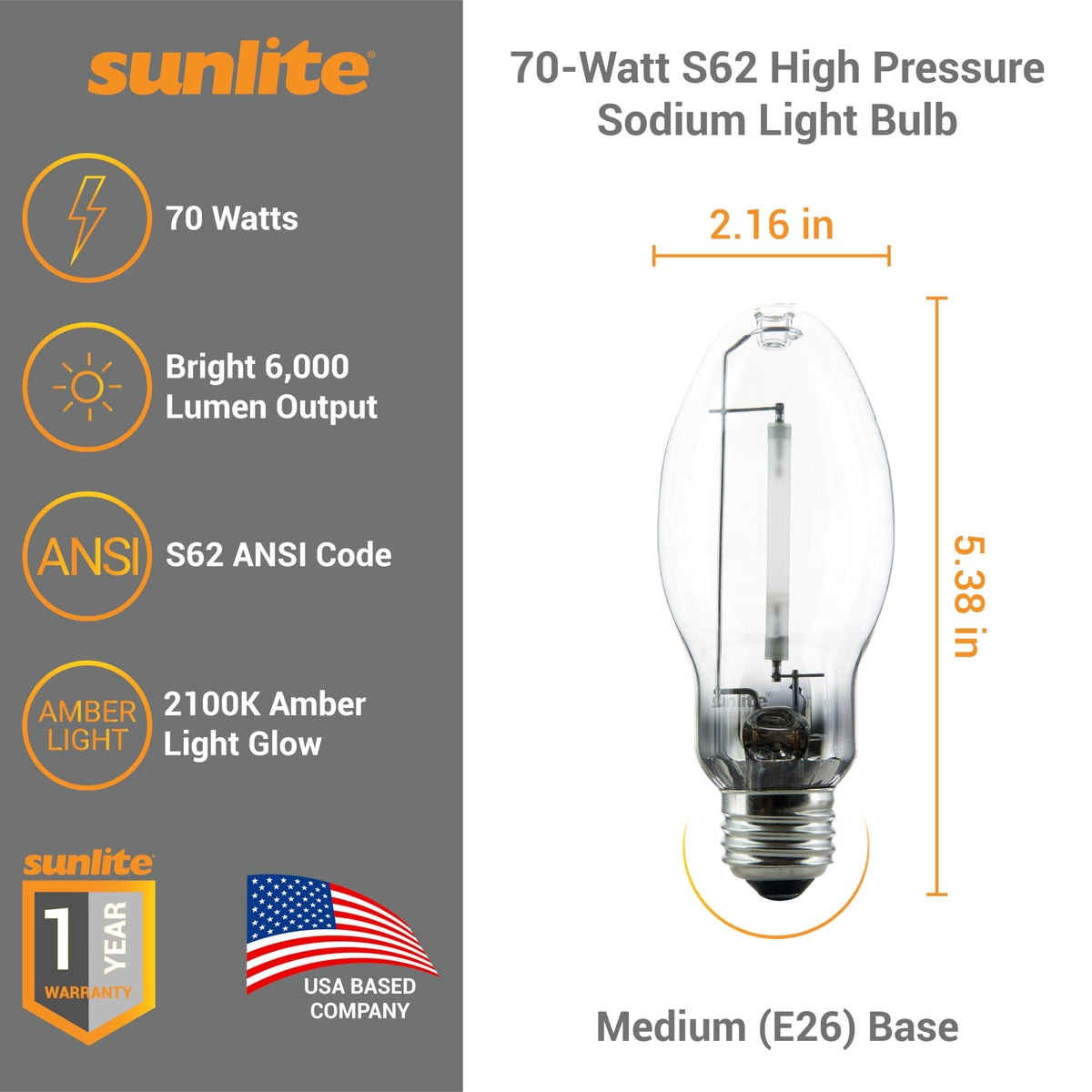 03610 LU70/MED High Pressure Sodium Light Bulb, 70 Watts, ED17/MED, Medium Base (E26), ANSI Code S62, 6000 Lumen