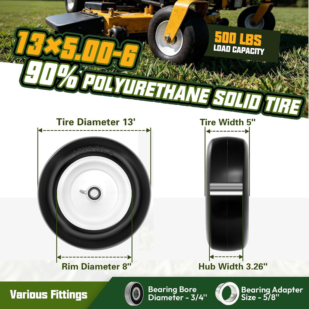 13x5.00-6 Flat Free Lawn Mower Tire and Wheel with 3/4" bearing bore, with 5/8" bearing sleeves, for Zero Turn Mower
