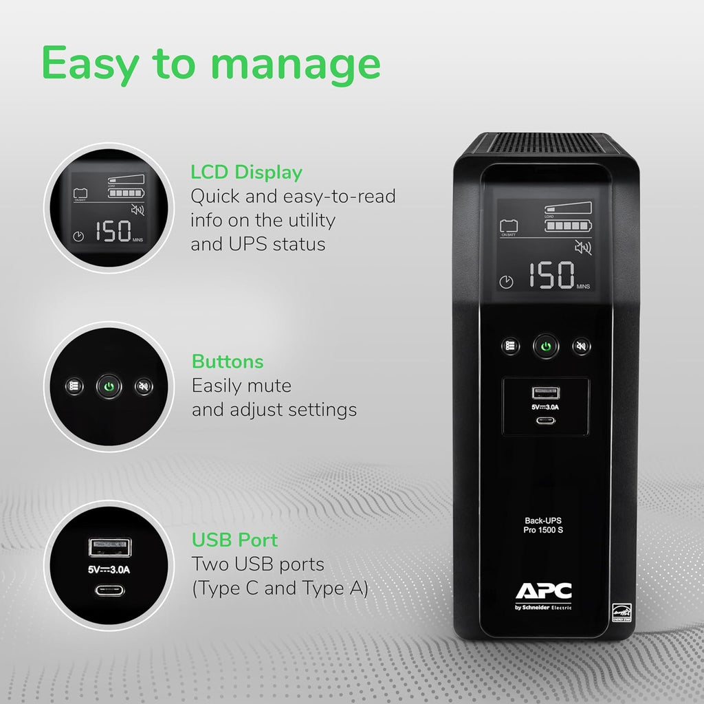 UPS 1500VA/900W Pure Sine Wave UPS for Computer, Electronics, BR1500MS2 | Back-UPS Pro sinewave UPS for PC, gaming &