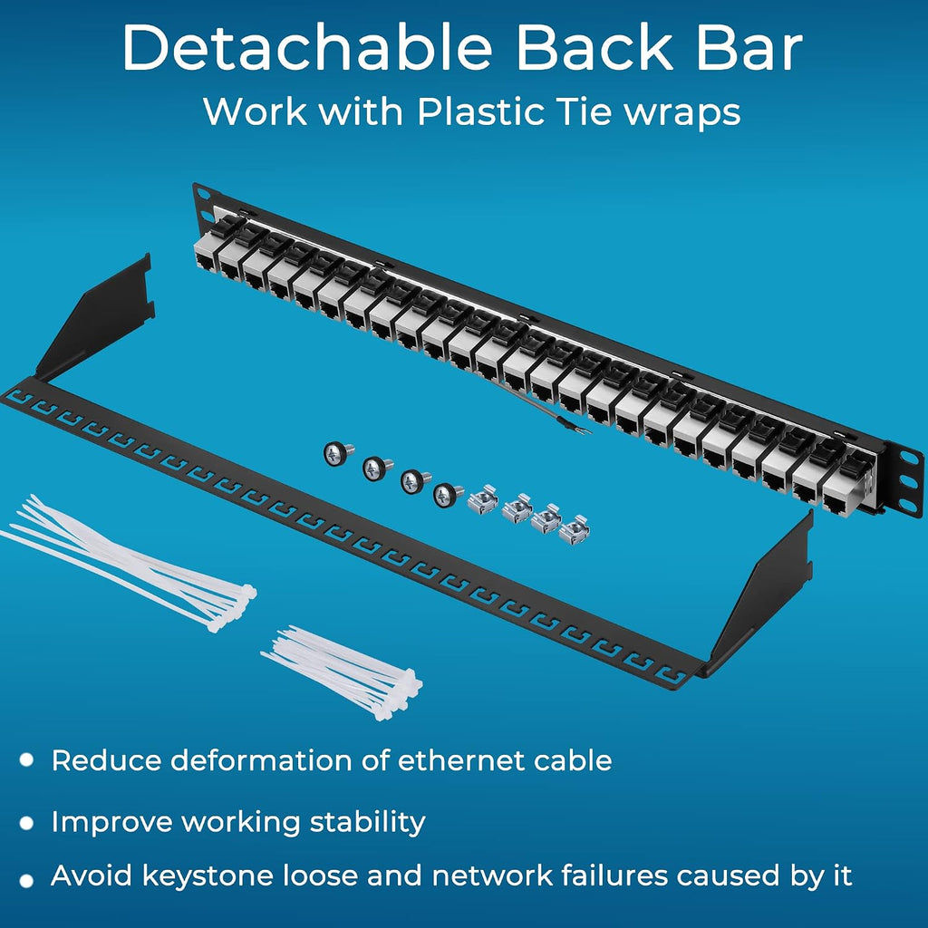 Patch Panel 24 Port Cat7 with Inline Keystone 10G Support, Coupler Patch Panel STP Shielded 19-Inch with Removable