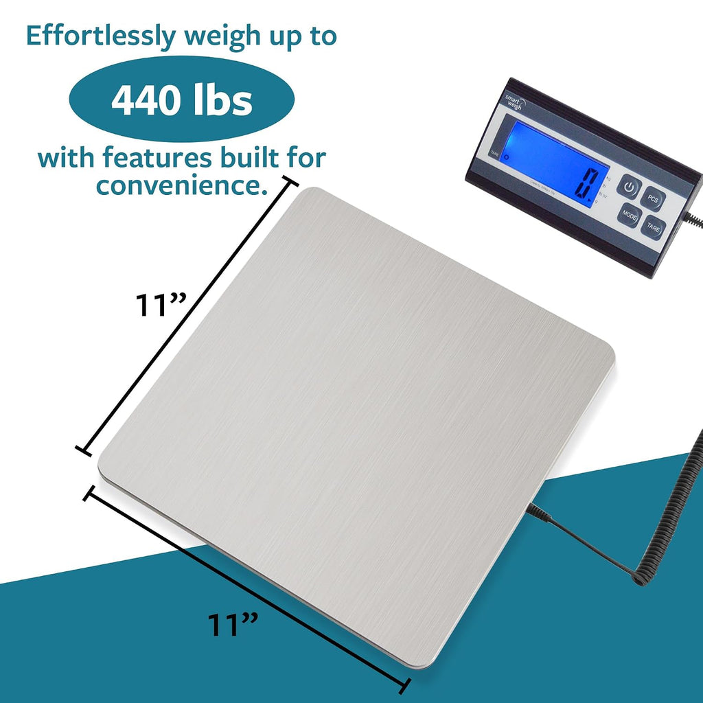 Digital Postal Shipping Scale, 440 lb Capacity, 1 oz Readability, Hold & Tare Functions, Battery or USB-C Power