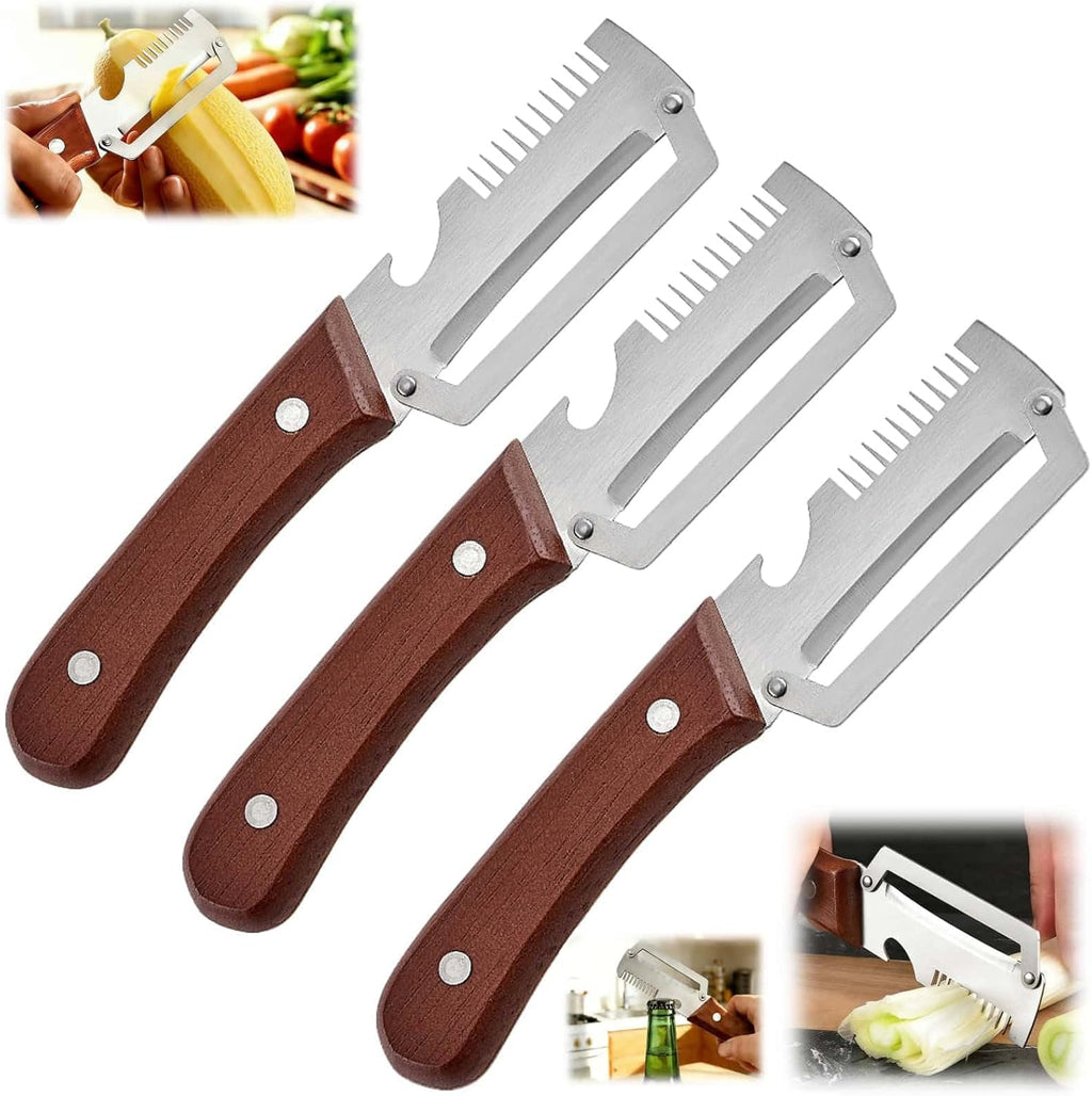 Multifunctional Vegetable Peeler，With wooden handle & bottle opener and grater 3 in 1 kitchen gadgets for potatoes