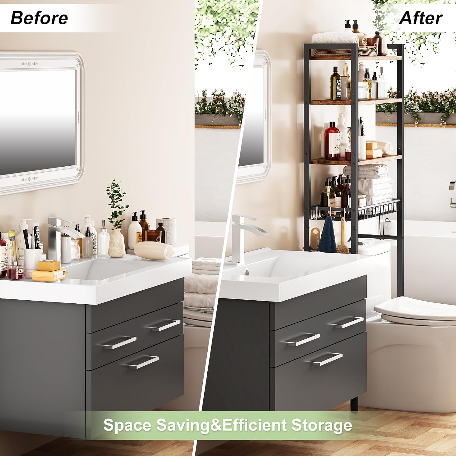 Over-The-Toilet Storage Rack, 4-Tier Bathroom Organizer Shelf Over Toilet with Adjustable Shelf and Basket