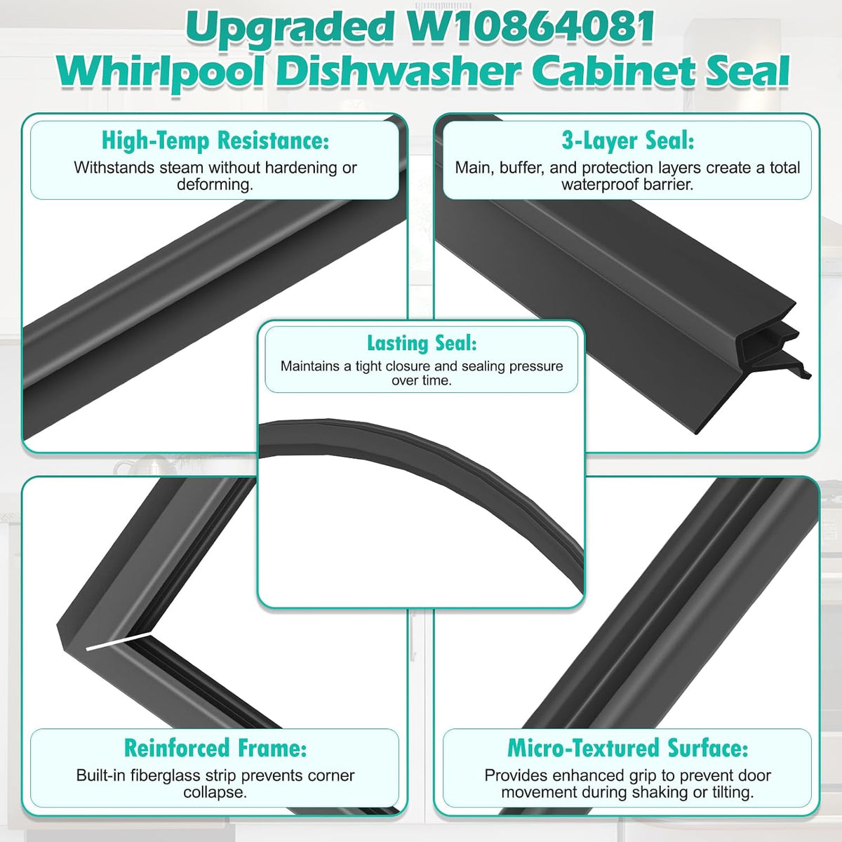 Upgraded W10864081 Dishwasher Door Gasket for Whirlpool Dishwasher Models WDTA50SAHZ0,KDFE104DSS3, KDFE204ESS1 W10179427, W10835073 Dishwasher Cabinet Seal for Kenmore Kitchen Aid Dishwasher