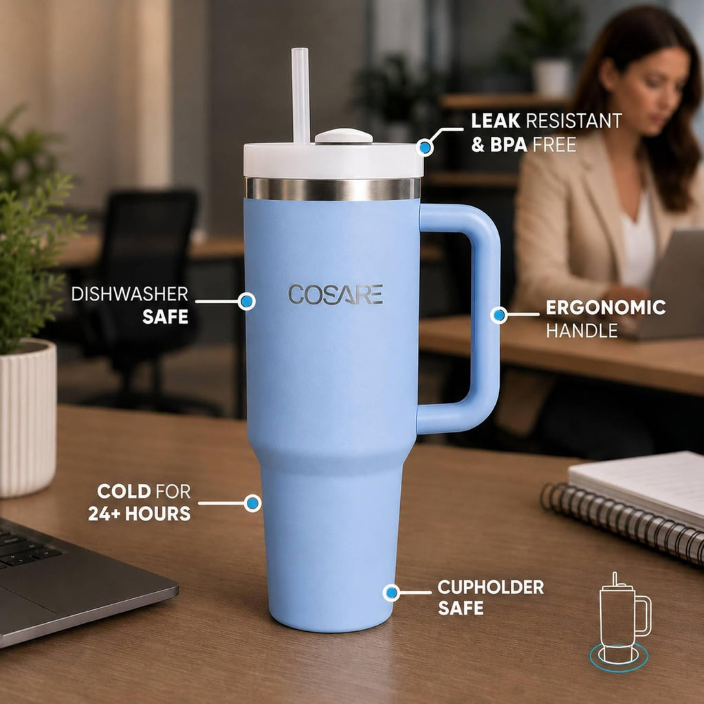 Tumbler with Handle and Straw 40 OZ | Flowstate 3-Position Lid | Cup Holder Compatible for Travel | Insulated
