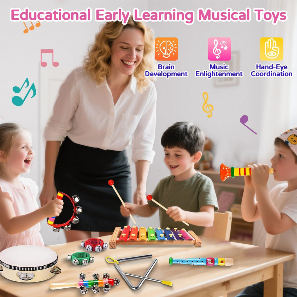 Kids Musical Instruments, INLAIER Toddler Wooden Percussion Instruments Tambourine Xylophone Toys for Kids Children