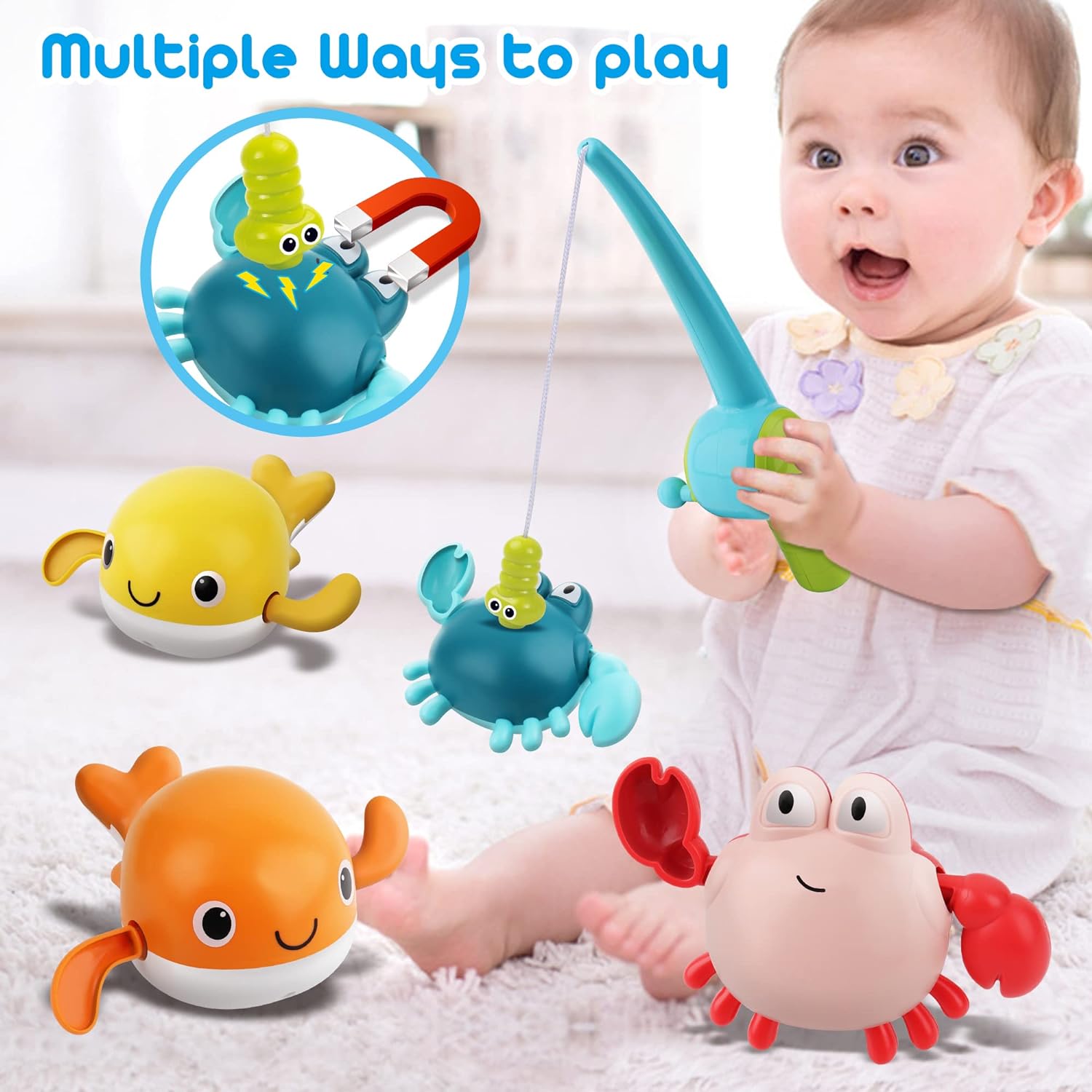 Bath Toy for Toddlers ,Bathtub Toy with Floating Mold Free Swimming Toys and Stacking Cups,Magnetic Fishing Game for