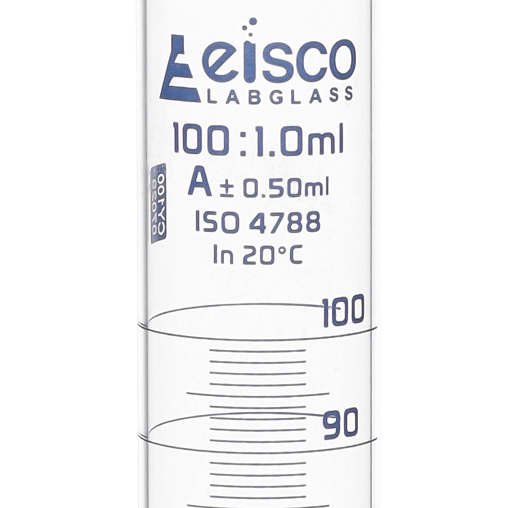 Graduated Cylinder, 100ml - Class A Tolerance ±0.50ml - Hexagonal Base - Blue Graduations - Borosilicate 3.3 Glass - Eisco Labs