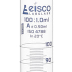 Graduated Cylinder, 100ml - Class A Tolerance ±0.50ml - Hexagonal Base - Blue Graduations - Borosilicate 3.3 Glass - Eisco Labs