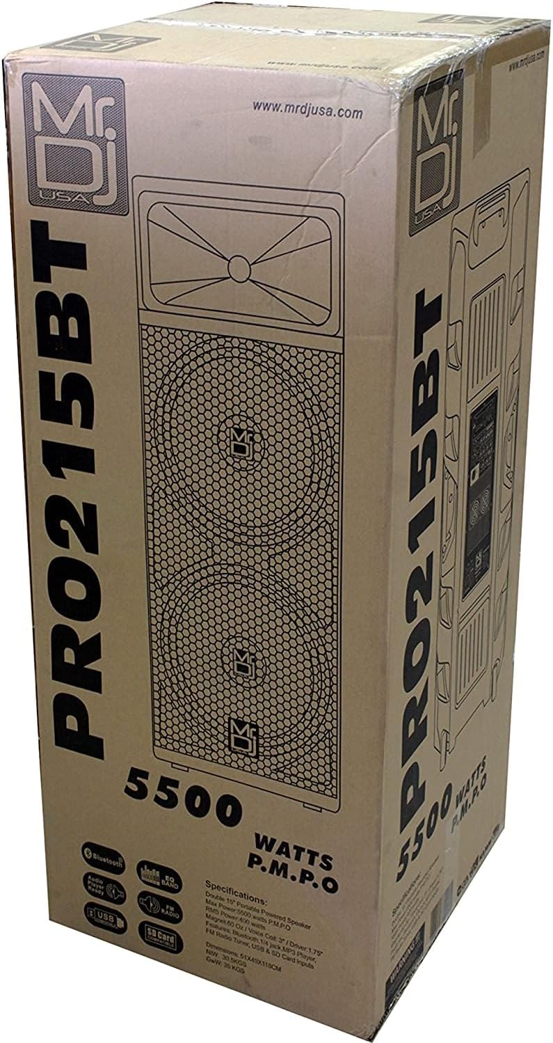 Mr Dj PRO215BT PA DJ Powered Speaker PRO PA DJ Dual 15” 3-Way Full-Range Powered/Active Loudspeaker