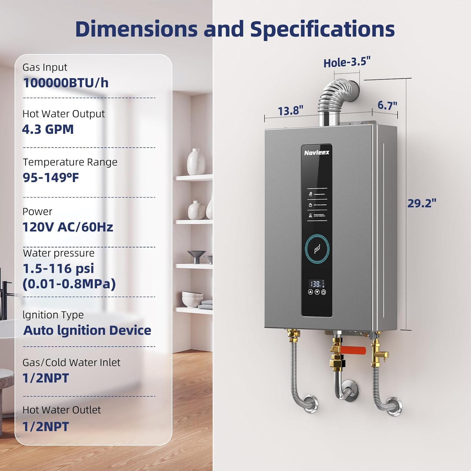 Tankless Water Heater, Novieex On Demand Water Heater Propane Gas, Up to 4.3 GPM, 100000 BTU Instant Hot Water Heater