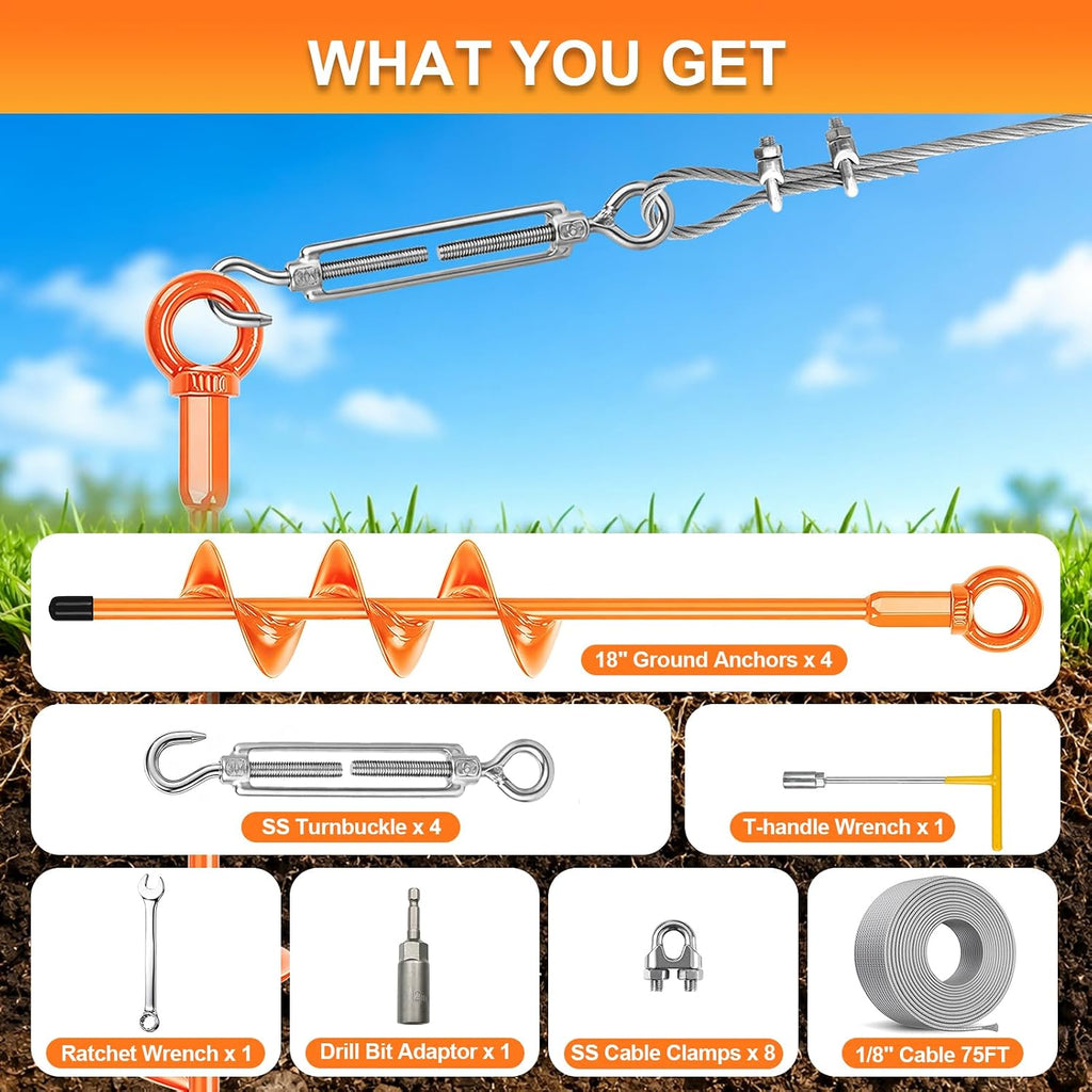 Shed Anchor Kit Heavy Duty Ground Anchors Screw in 18 Inch 4 Pack, Fully Welded Spiral Earth Anchors with Cable