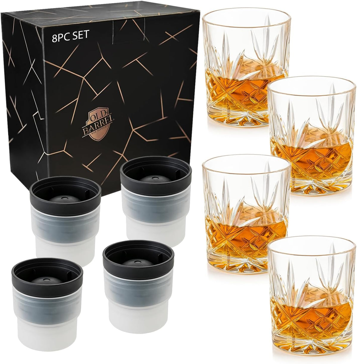 OLD BARREL Whiskey Glasses Set 4 Glasses 4 Molds 10oz Old Fashioned Gift