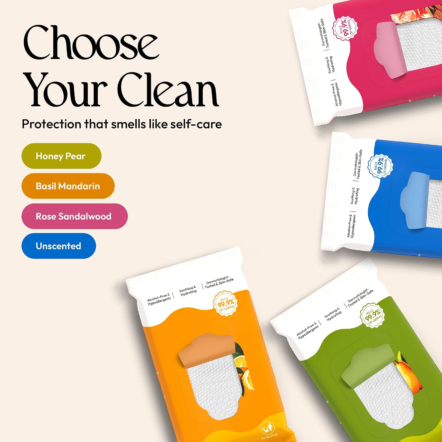 Hand Sanitizer Wipes 4 Bags (15 Sheets) - Variety Pack | with a pH-Balanced, Plant-Based Formula – Clean Hands