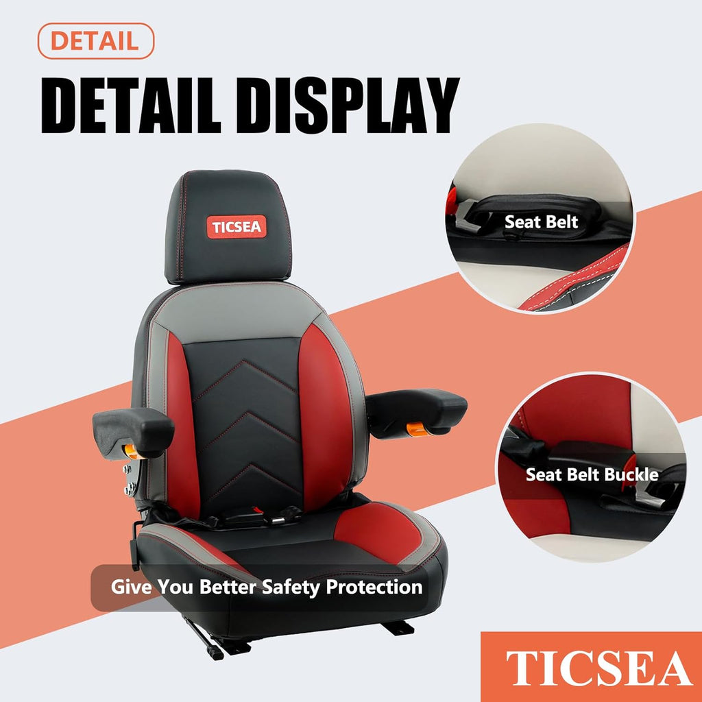 Universal Tractor Seat, Forklift Seat with Retractable Seatbelt and Adjustable Backrest Headrest Armrests Compatible