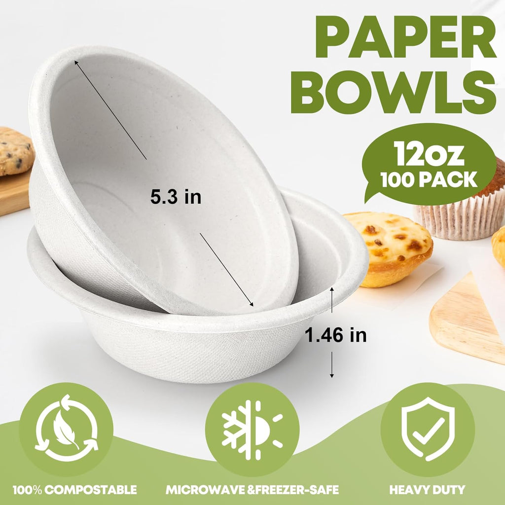 12 oz Paper Bowls Disposable 100-Count, Compostable Bagasse Bowls