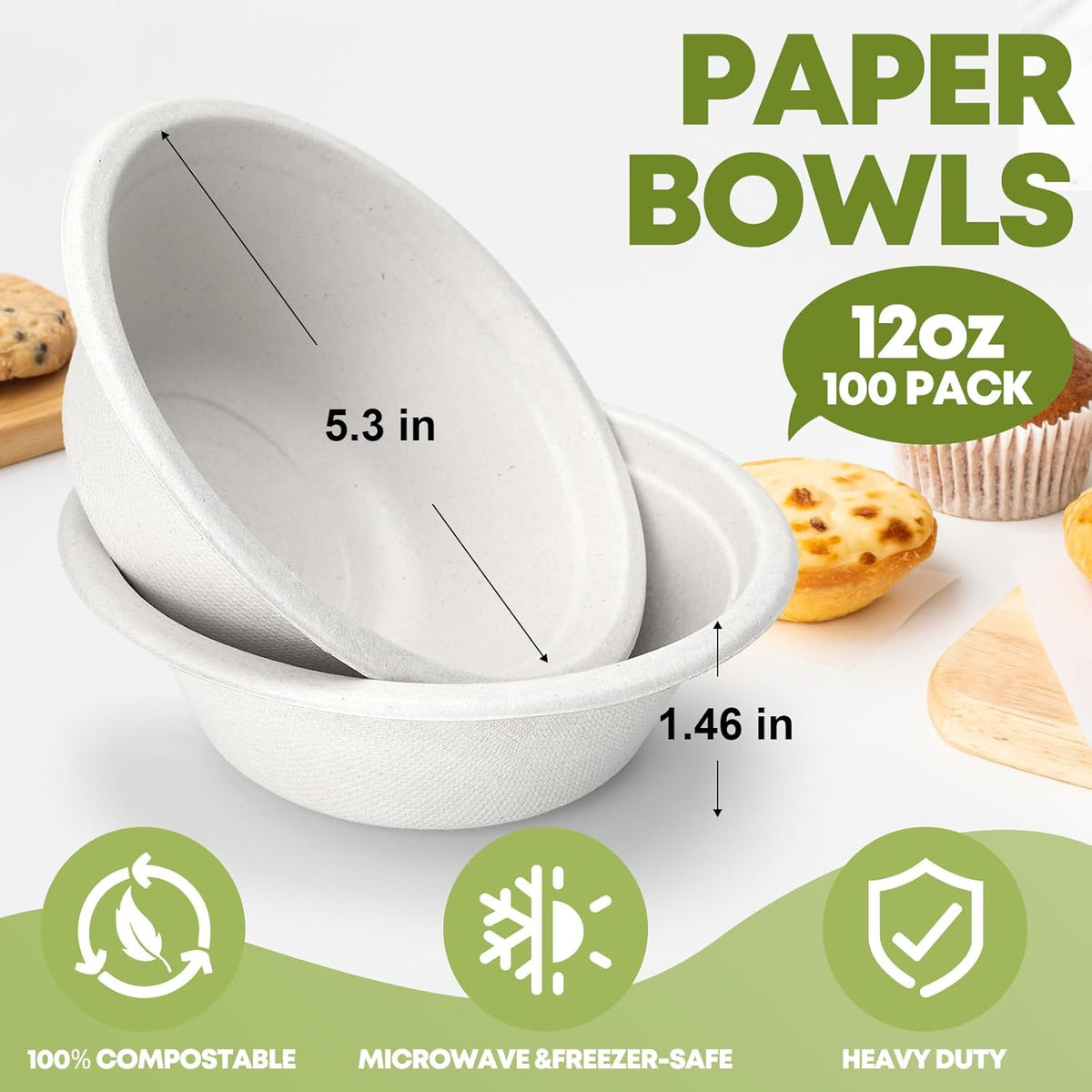12 oz Paper Bowls Disposable 100-Count, Compostable Bagasse Bowls