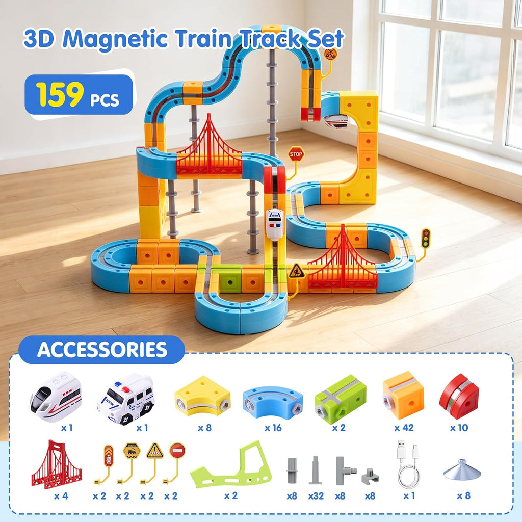 Electric Train Set for Kids: 159 Pcs 3D Flexible Race Track Kit | Magnetic Motorized Rail Track Building Toy
