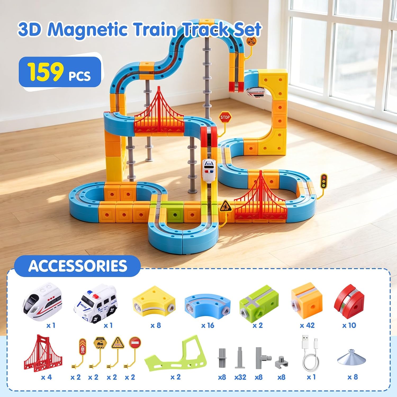 Electric Train Set for Kids: 159 Pcs 3D Flexible Race Track Kit | Magnetic Motorized Rail Track Building Toy