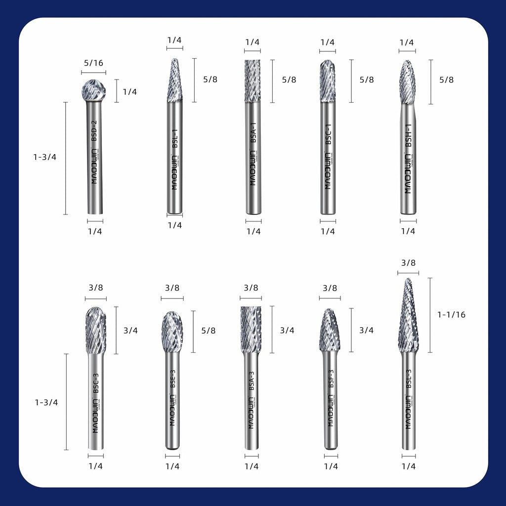 10Pcs Carbide Burr Set 1/4" Shank Double Cut Rotary File Tool