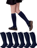 6 Pack Ruffle Knee High Socks School Uniform Dress Scallop Socks Seamless Cotton for Girls Black White Navy Blue