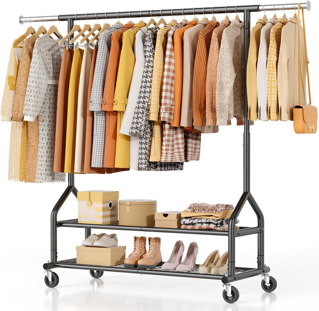 Heavy Duty Clothes Rack Load 556 LBS, Rolling Clothing Rack With Shelves, Height Adjustable Metal Clothes Hanger with