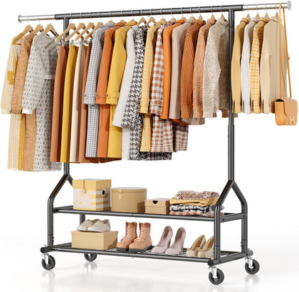 Heavy Duty Clothes Rack Load 556 LBS, Rolling Clothing Rack With Shelves, Height Adjustable Metal Clothes Hanger with