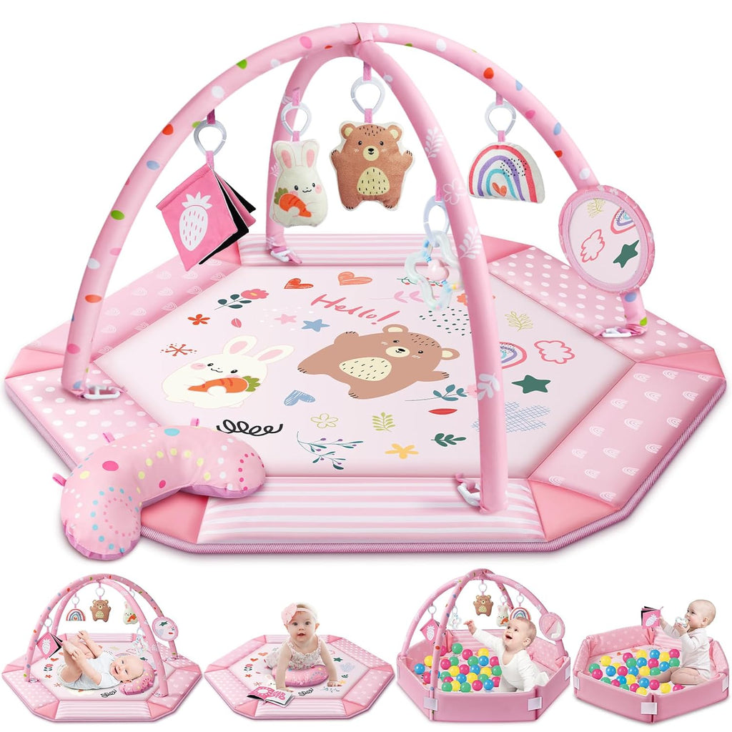 Baby Gym Play Mat, 8-in-1 Tummy Time Mat & Ball Pit with 6 Toys, Washable Baby Activity Mat for Visual, Hearing