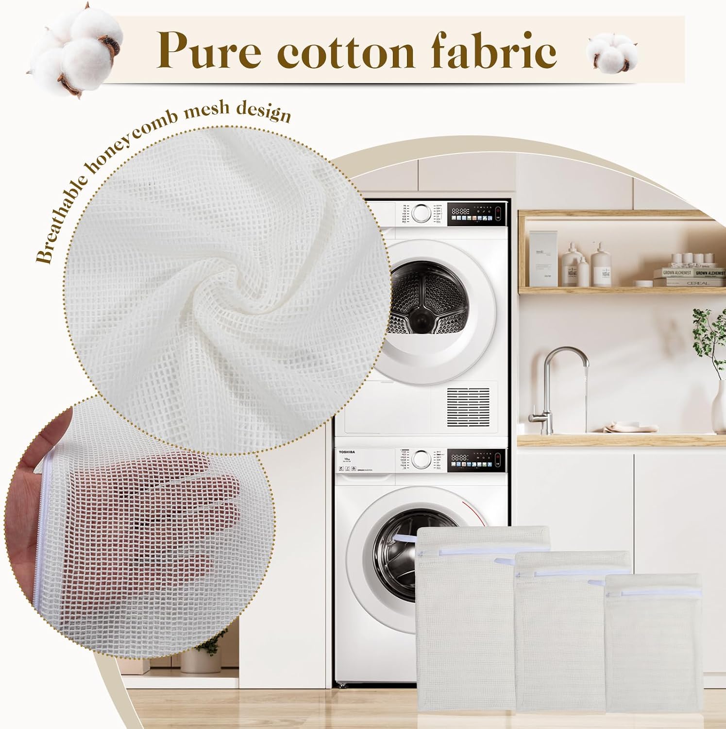 5-Piece Organic Cotton Laundry Bags with Zipper and Hanging Loop, 3 Sizes (S, M, L) Mesh Laundry Bag, Durable Cotton