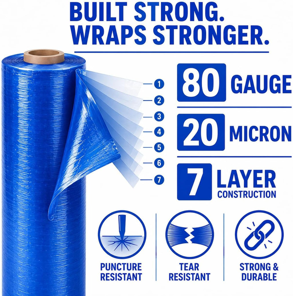 18" Stretch Wrap Film, 1500 ft, 80 Gauge (20 Micron), 7-Layer Clear Pallet Wrap, Up to 80% Stretch, Self-Adhering