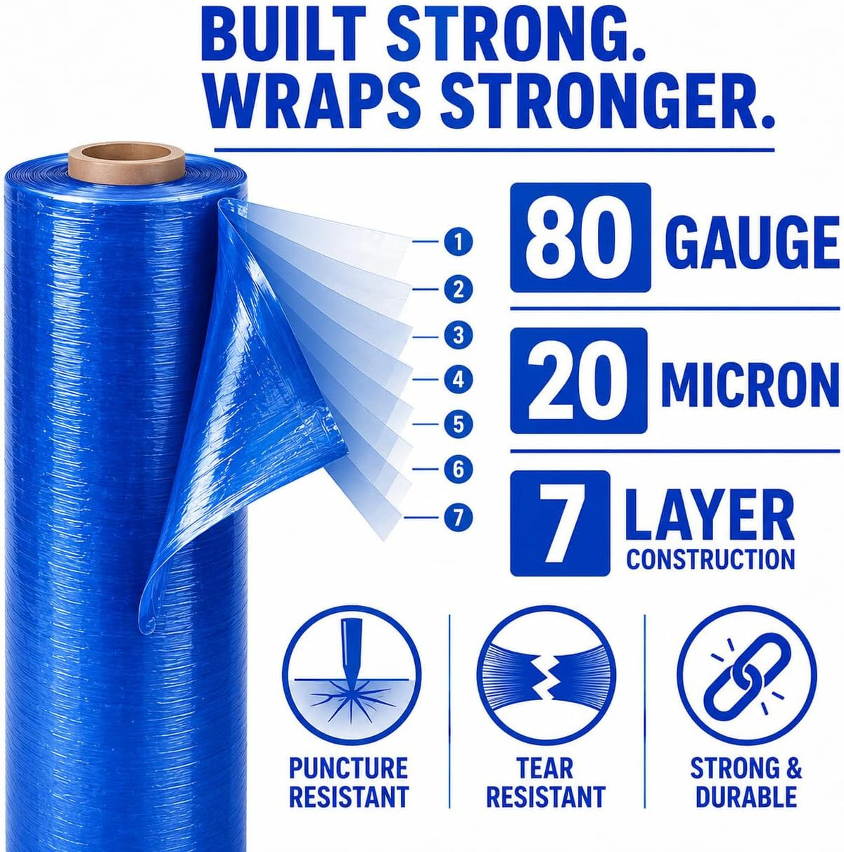 18" Stretch Wrap Film, 1500 ft, 80 Gauge (20 Micron), 7-Layer Clear Pallet Wrap, Up to 80% Stretch, Self-Adhering