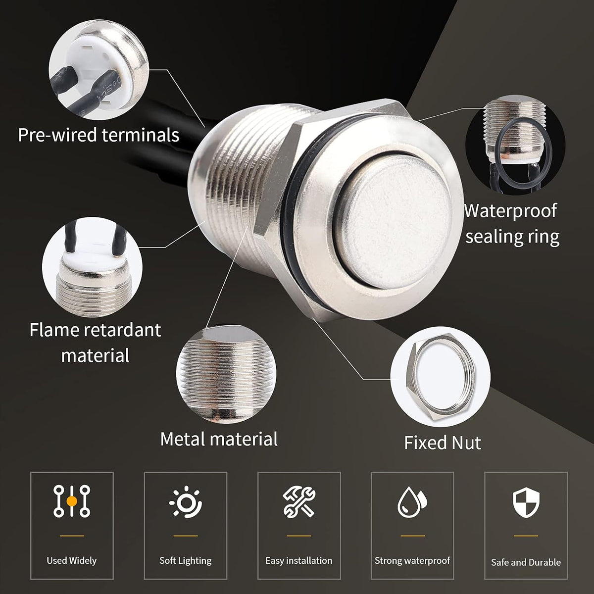 STARELO 5pcs 12mm Momentary Push Button Switch Silver Shell with pre-Wiring, IP65 Waterproof Push Button Switch,Stainless Steel 1 Normally Open Without LED.