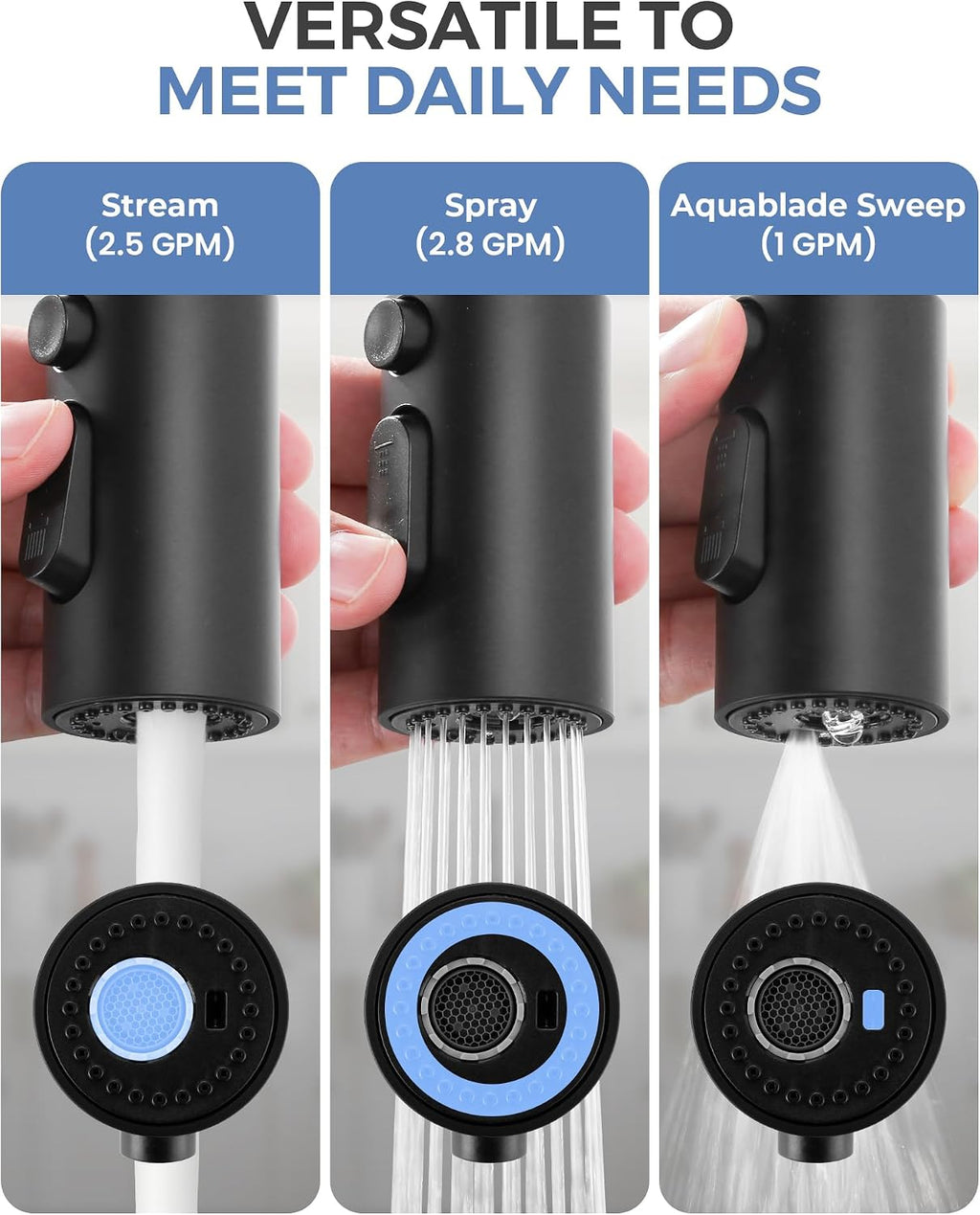 Pull Down Faucet Sprayer Head Replacement, Black 3 Function Pull Out Spray Head Nozzle with 9 Adapters for Kitchen