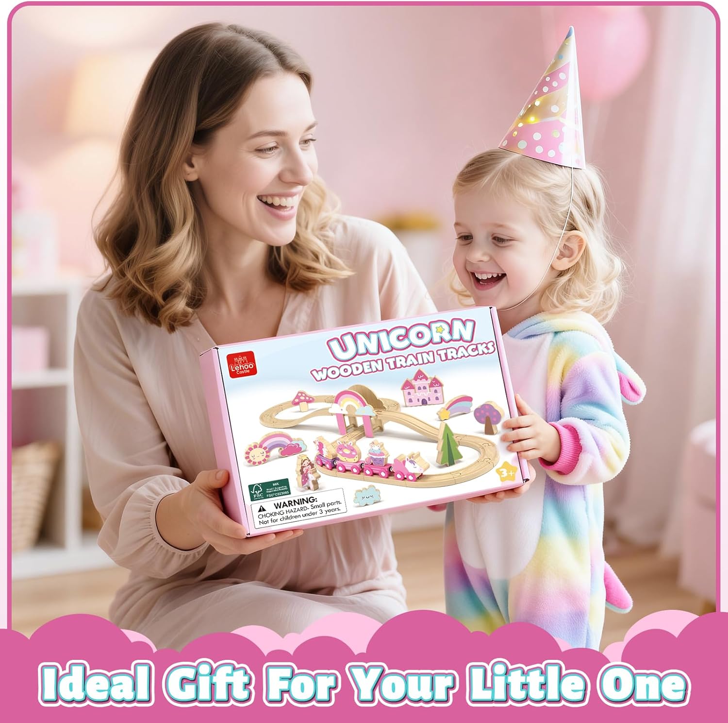 Wooden Train Set for Girls, Pink Unicorn Train Set | Princess and Castle Pieces for Imaginative Play, Compatible with