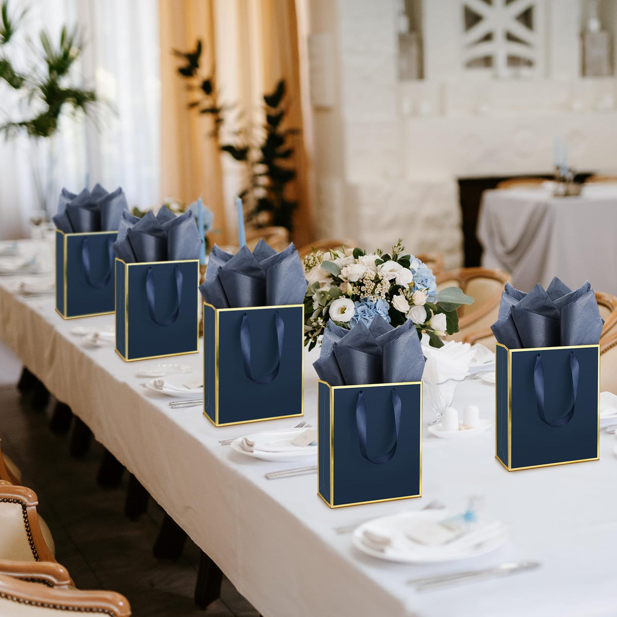 50 Pack Metallic Paper Gift Bag Bulk with Handle, Navy Blue, Gold