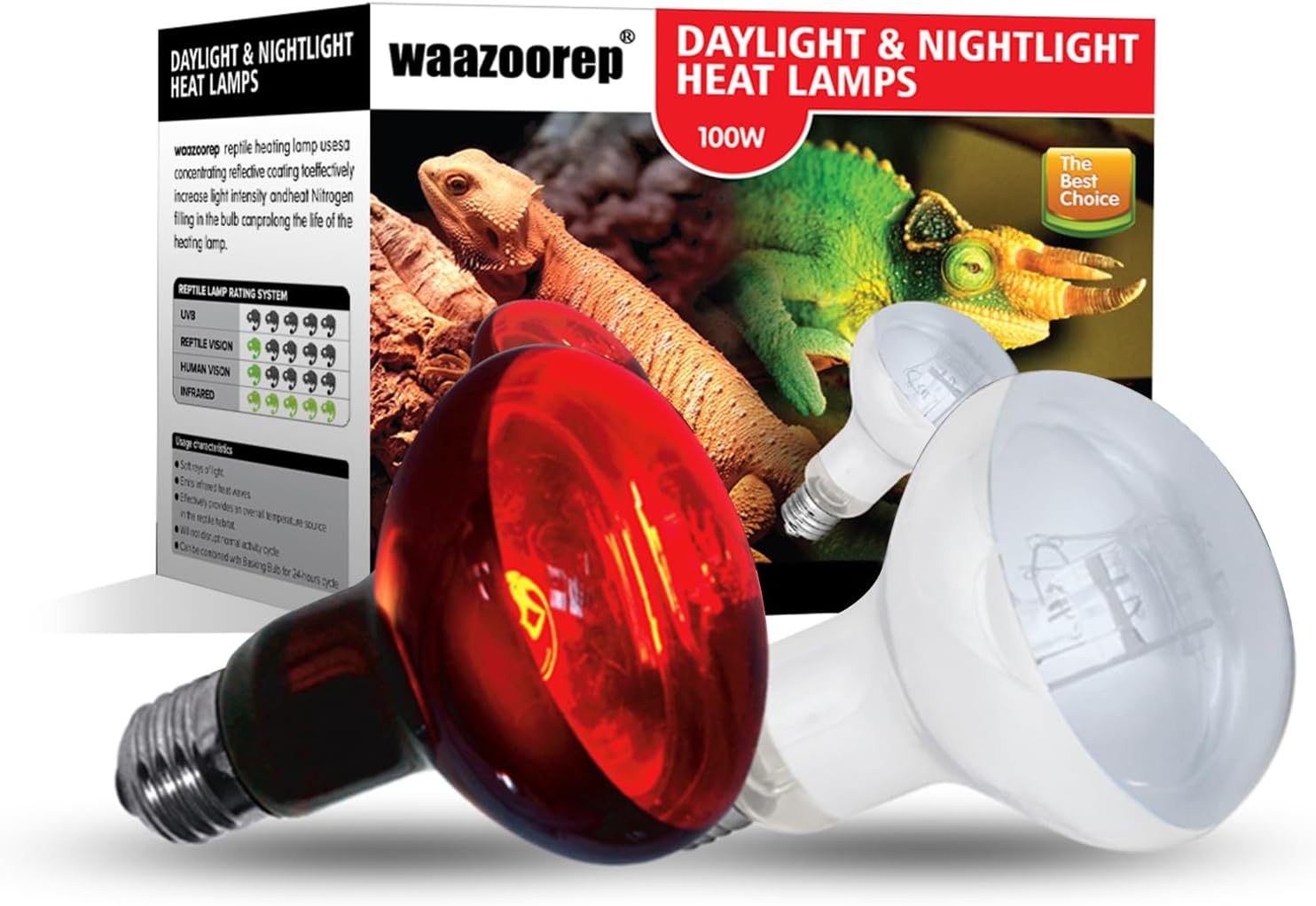 Reptile Heat Lamp Bulbs 100W 2 Pack,Day and Night Infrared Basking Spot Heating Light Combo,UVA Heat Lamp Bulb for