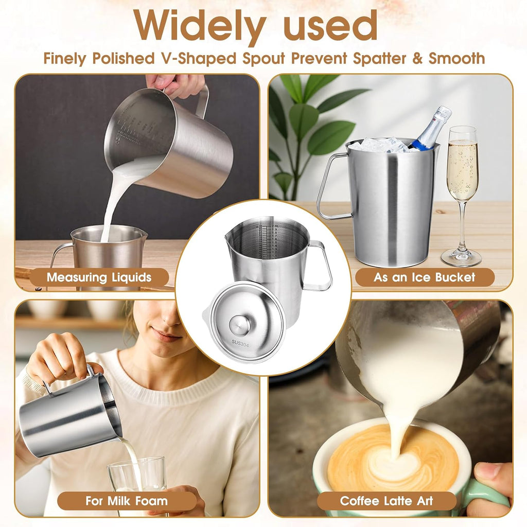 Stainless Steel Metal Pitcher with Lid 2 L 70 oz Measuring Cup with Marking Metal Water Container with Handle Milk