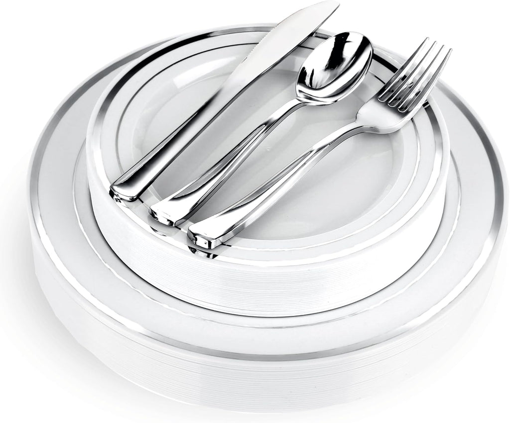 125-Piece White and Silver Fancy Plastic Plates Disposable with Silverware, Elegant Dinnerware for Weddings, Holiday