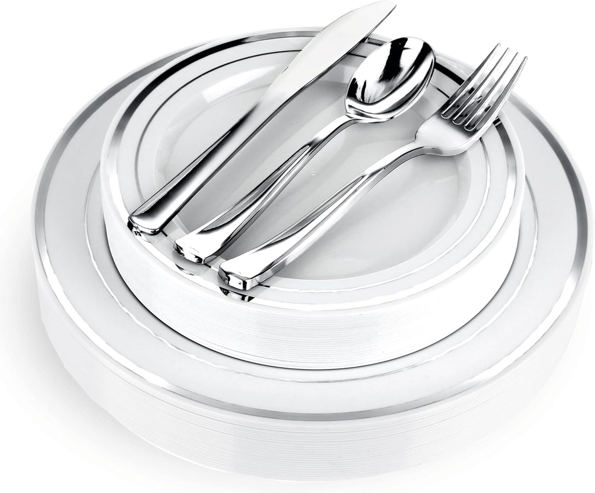 125-Piece White and Silver Fancy Plastic Plates Disposable with Silverware, Elegant Dinnerware for Weddings, Holiday