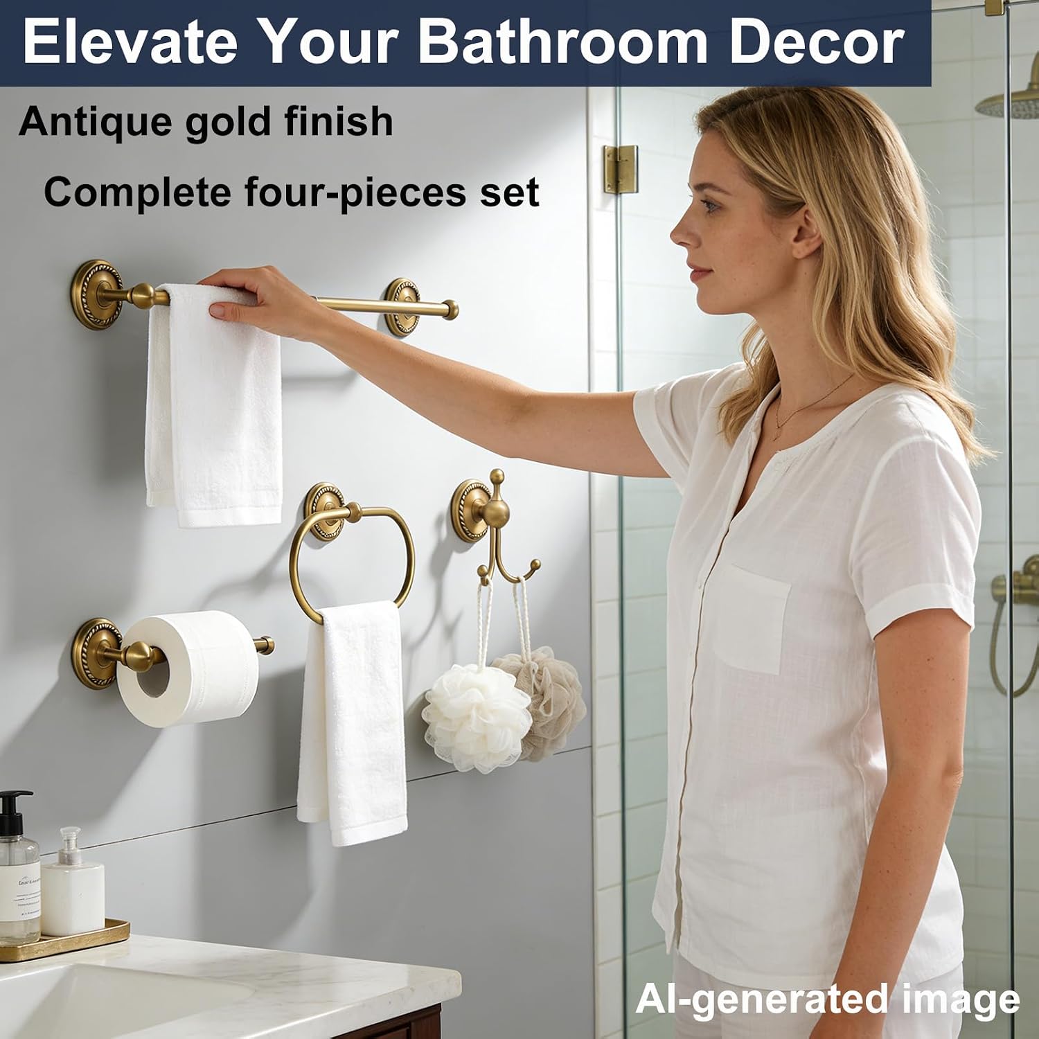 Antique Brass 4-Piece Bathroom Hardware Set Adjustable Towel Bar 13-24" | Vintage Gold Towel Bar, Oval Towel Ring