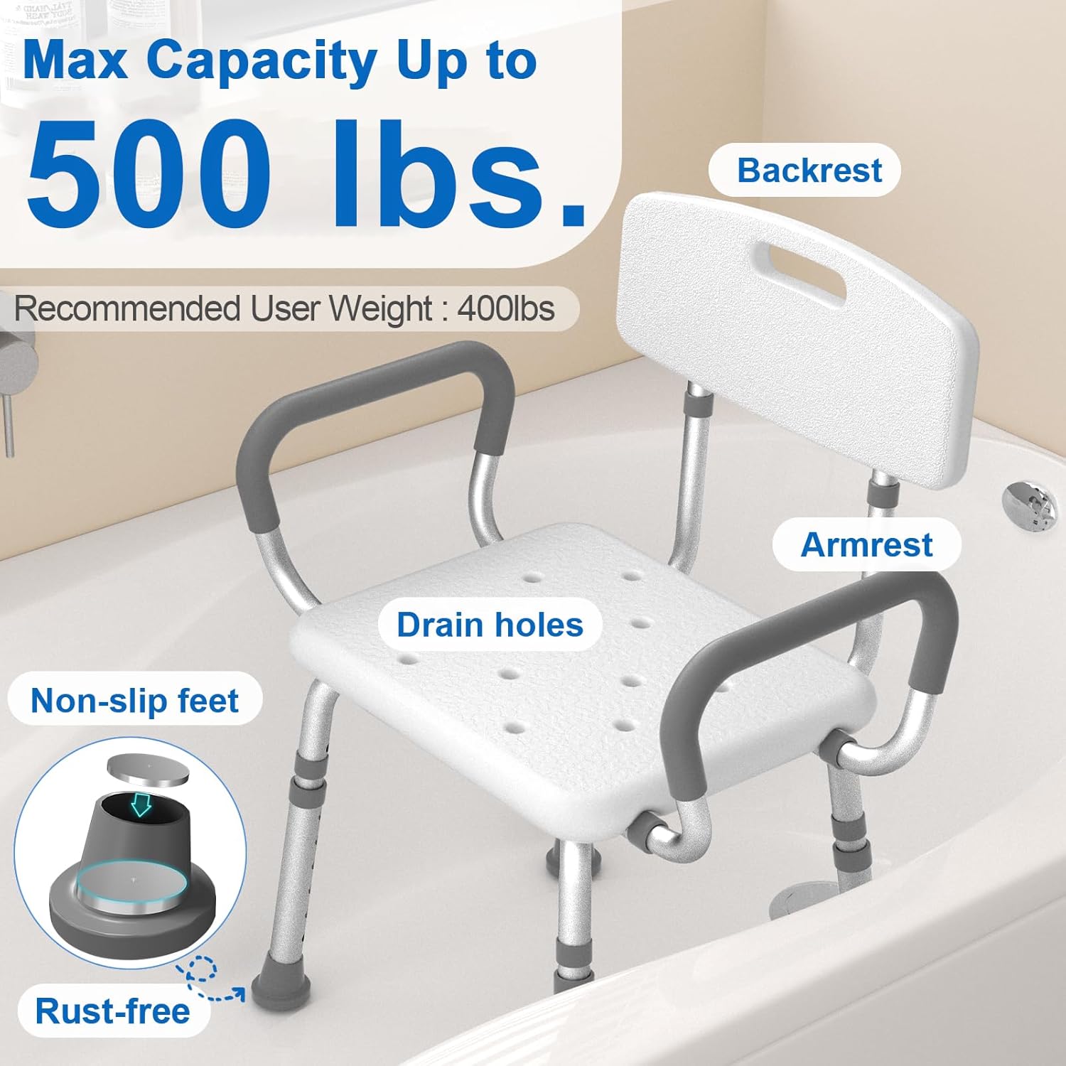 Shower Chair for Inside Shower with Arms and Back, 500 lbs Heavy Duty Shower Seat for Bathtub, Height Adjustable